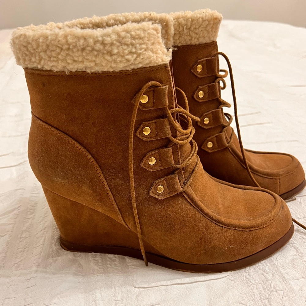 Tan wedge winter boots from JustFab, size 10.  Worn twice.